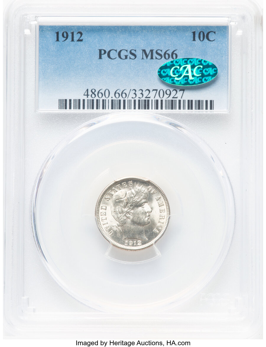 1912 10C MS66 PCGS. CAC. CAC Population: (25/8). Mintage 19,350,000. ...
