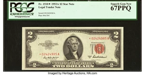 image for: Fr. 1510* $2 1953A Legal Tender Star Note. PCGS Superb Gem New 67PPQ....