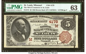 image for: Saint Louis, MO - $5 1882 Brown Back Fr. 474 The National Bank of Commerce Ch. # (M)4178 PMG Choice Uncirculated 63....