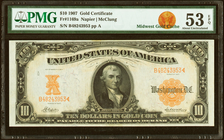 image for: Fr. 1169a $10 1907 Gold Certificate PMG About Uncirculated 53 EPQ....