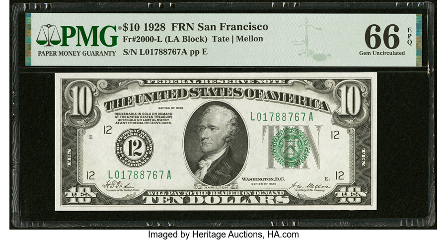 image for: Fr. 2000-L $10 1928 Federal Reserve Note. PMG Gem Uncirculated 66 EPQ....