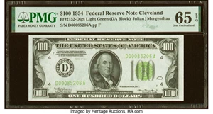 image for: Fr. 2152-D $100 1934 Light Green Seal Federal Reserve Note. PMG Gem Uncirculated 65 EPQ....