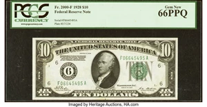 image for: Fr. 2000-F $10 1928 Federal Reserve Note. PCGS Gem New 66PPQ....