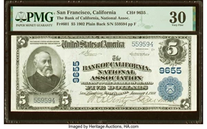 image for: San Francisco, CA - $5 1902 Plain Back Fr. 601 The Bank of California National Assoc Ch. # 9655 PMG Very Fine 30....