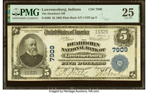 image for: Lawrenceburg, IN - $5 1902 Plain Back Fr. 599 The Dearborn National Bank Ch. # 7909 PMG Very Fine 25....
