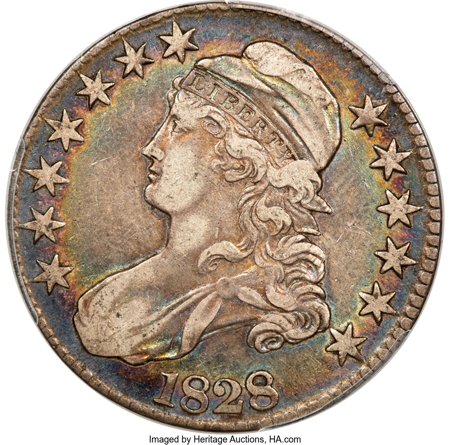 image for: 1828 50C Square Base 2, Large 8s, O-108, R.2, VF35 PCGS. Incorrectly designated as a Curl Base 2 by PCGS....