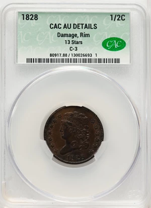 image for: 1828 1/2 C 13 Stars, C-3, B-2, R.1 -- Damage, Rim -- CACG Details. AU. Mintage 606,000....