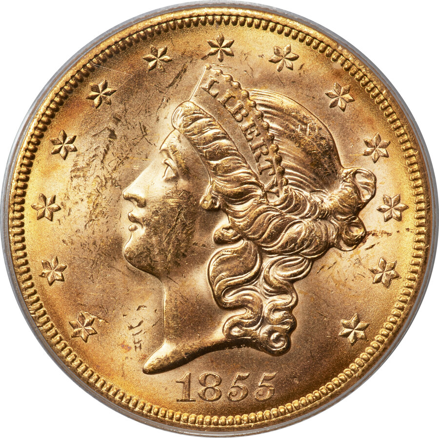 image for: 1855-S $20 Large S, Variety 14-F, MS61 PCGS....