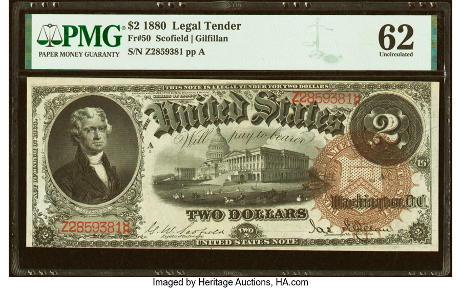 image for: Fr. 50 $2 1880 Legal Tender PMG Uncirculated 62....