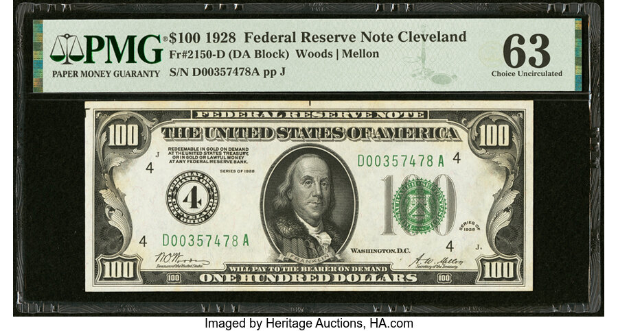 image for: Fr. 2150-D $100 1928 Federal Reserve Note. PMG Choice Uncirculated 63....