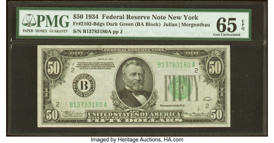 image for: Fr. 2102-B $50 1934 Federal Reserve Note. PMG Gem Uncirculated 65 EPQ....
