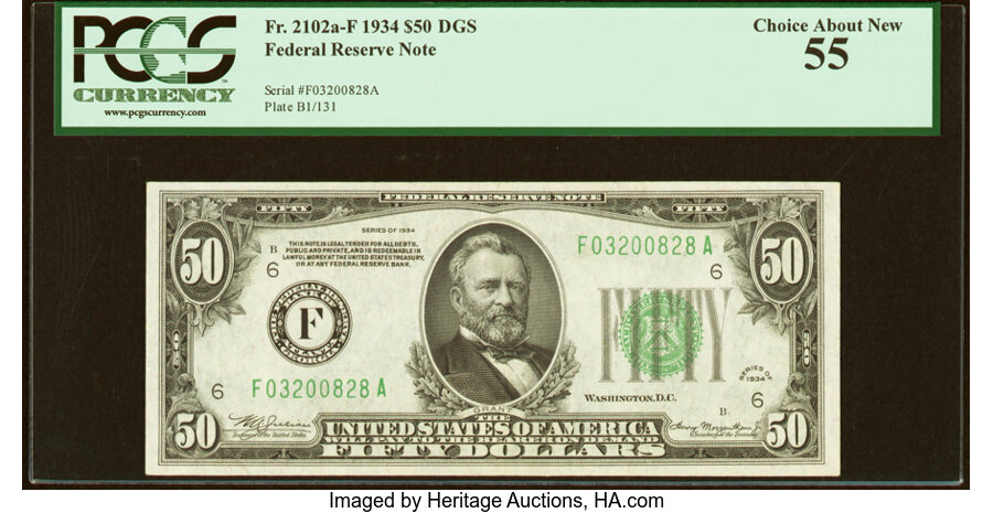 image for: Fr. 2102-F $50 1934 Federal Reserve Note. PCGS Choice About New 55....