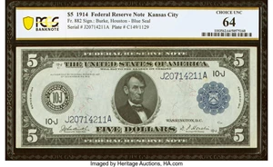image for: Fr. 882 $5 1914 Federal Reserve Note PCGS Banknote Choice Unc 64....