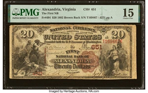 image for: Alexandria, VA - $20 1882 Brown Back Fr. 494 The First National Bank Ch. # 651 PMG Choice Fine 15....