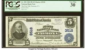 image for: Pomona, CA - $5 1902 Plain Back Fr. 599 The First National Bank Ch. # 3518 PCGS Very Fine 30....