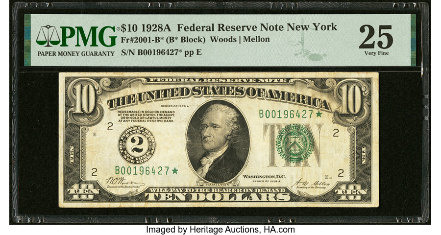 image for: Fr. 2001-B* $10 1928A Federal Reserve Star Note. PMG Very Fine 25....