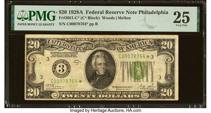 image for: Fr. 2051-C* $20 1928A Federal Reserve Star Note. PMG Very Fine 25....