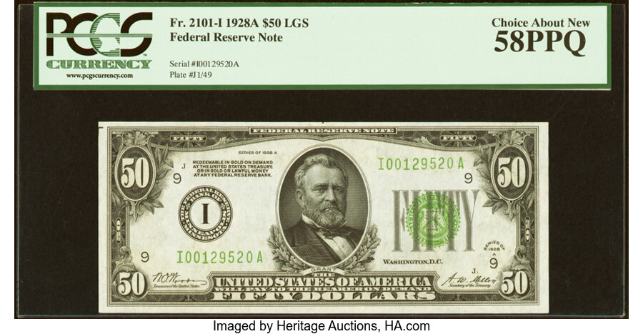 image for: Fr. 2101-I $50 1928A Light Green Seal Federal Reserve Note. PCGS Choice About New 58PPQ....