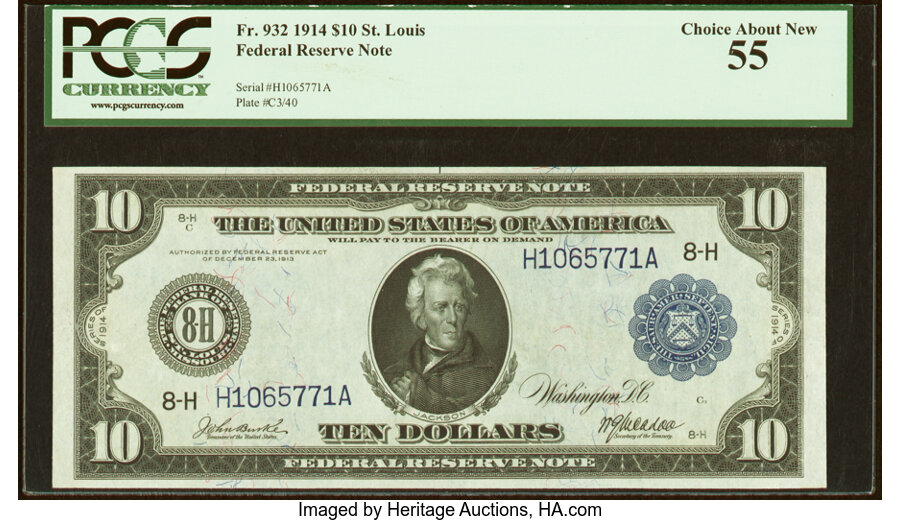 image for: Fr. 932 $10 1914 Federal Reserve Note PCGS Choice About New 55....
