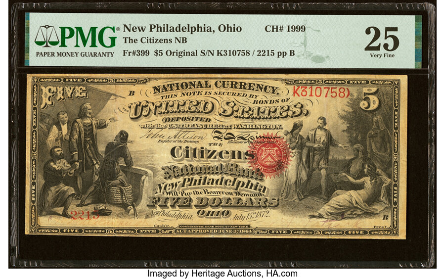 image for: New Philadelphia, OH - $5 Original Fr. 399 The Citizens National Bank Ch. # 1999 PMG Very Fine 25....