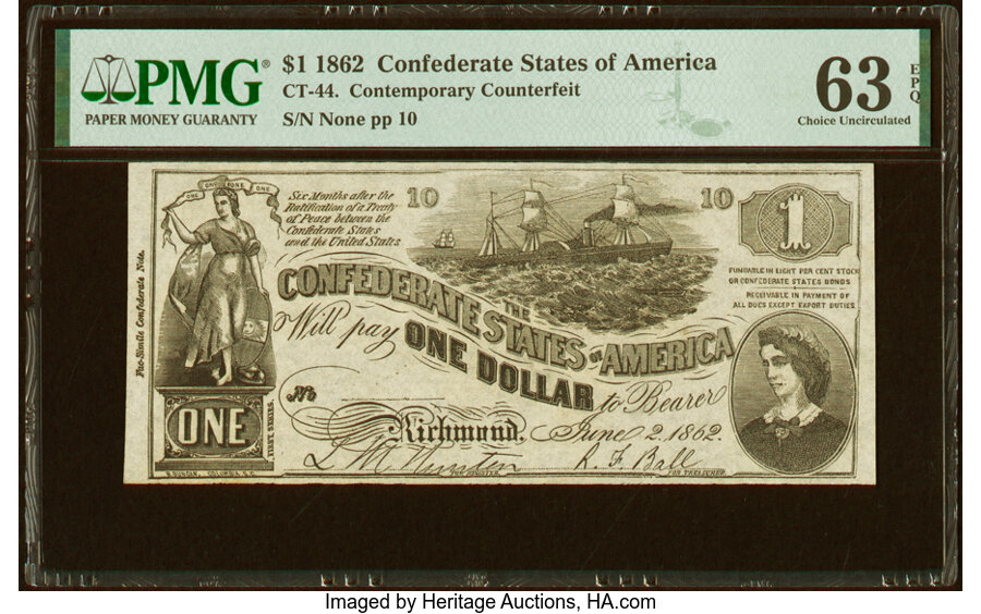 image for: CT44/339 Contemporary Counterfeit $1 1862 PMG Choice Uncirculated 63 EPQ....