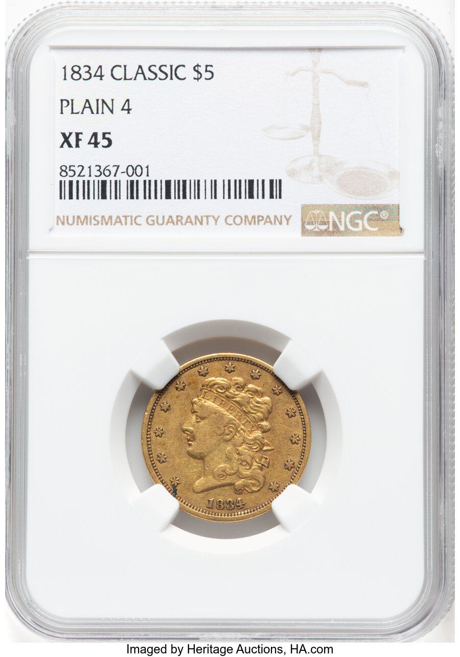 image for: 1834 $5 Classic, Plain 4, HM-5, R.2, XF45 NGC. Mintage 657,460....
