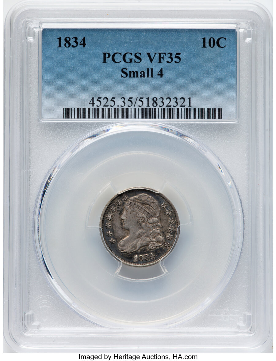 image for: 1834 10C Small 4, JR-7, R.2, VF35 PCGS. PCGS Population: (8/207).  Mintage 635,000....