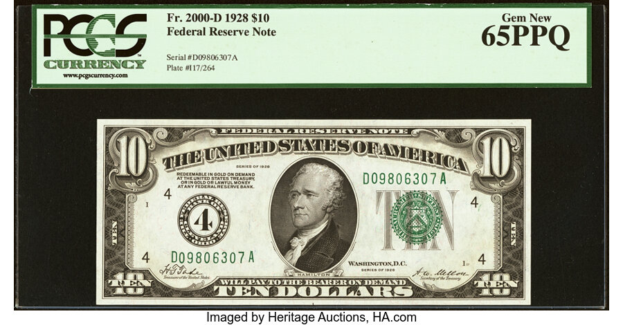 image for: Fr. 2000-D $10 1928 Federal Reserve Note. PCGS Gem New 65PPQ....