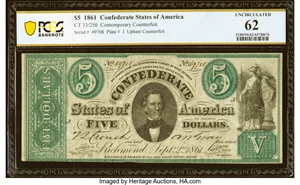 image for: CT33/250 $5 1861 Contemporary Counterfeit PCGS Banknote Uncirculated 62....