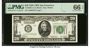 image for: Fr. 2050-L $20 1928 Federal Reserve Note. PMG Gem Uncirculated 66 EPQ....