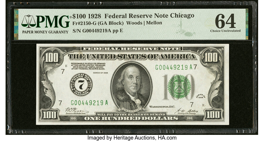 image for: Fr. 2150-G $100 1928 Federal Reserve Note. PMG Choice Uncirculated 64....