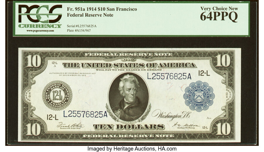 image for: Fr. 951a $10 1914 Federal Reserve Note PCGS Very Choice New 64PPQ....
