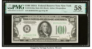 image for: Fr. 2153-B $100 1934A Mule Federal Reserve Note. PMG Choice About Unc 58....