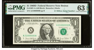 image for: Even Million Serial Number 21000000 Fr. 1907-A $1 1969D Federal Reserve Note. PMG Choice Uncirculated 63 EPQ....