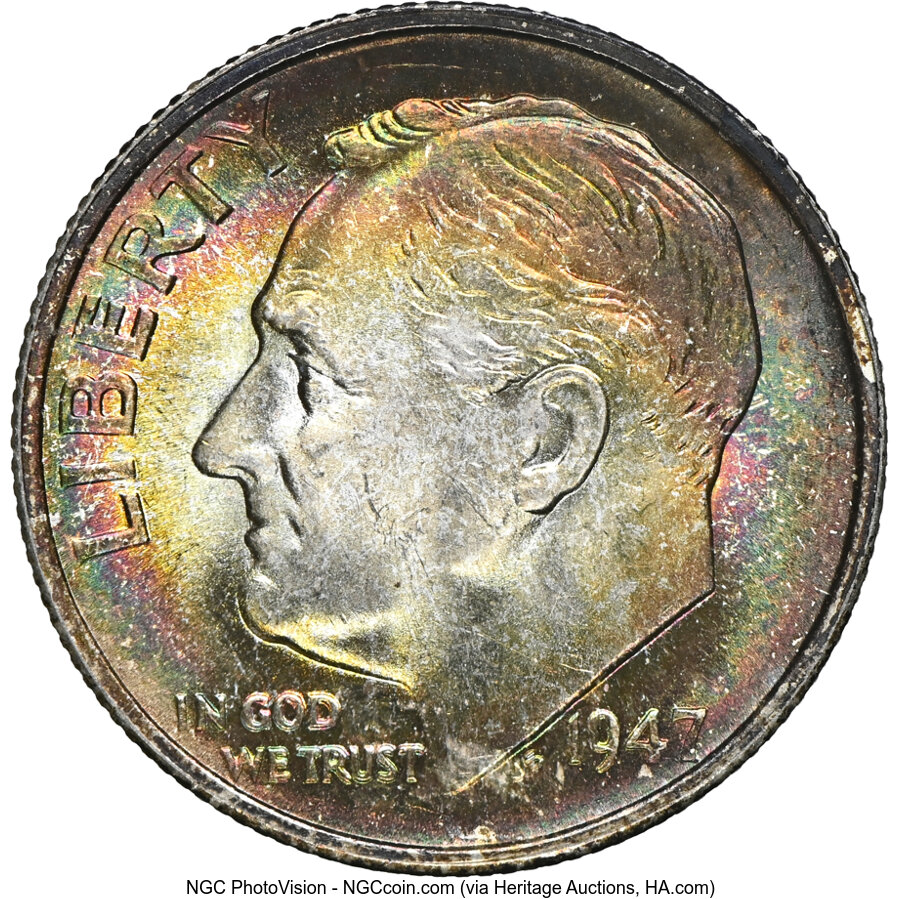 image for: 1947-S 10C MS67+ Full Bands NGC. NGC Census: (88/13 and 9/1+).  Mintage 34,840,000....
