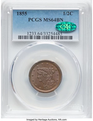 image for: 1855 1/2 C C-1, B-1, R.1, MS64 Brown PCGS. CAC. CAC Population: (32/38). Mintage 56,500....