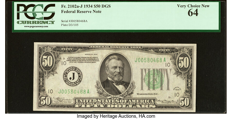 image for: Fr. 2102-J $50 1934 Federal Reserve Note. PCGS Very Choice New 64....