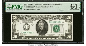 image for: Fr. 2051-K $20 1928A Federal Reserve Note. PMG Choice Uncirculated 64 EPQ....