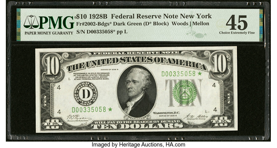 image for: Fr. 2002-B* $10 1928B Federal Reserve Star Note. PMG Choice Extremely Fine 45....