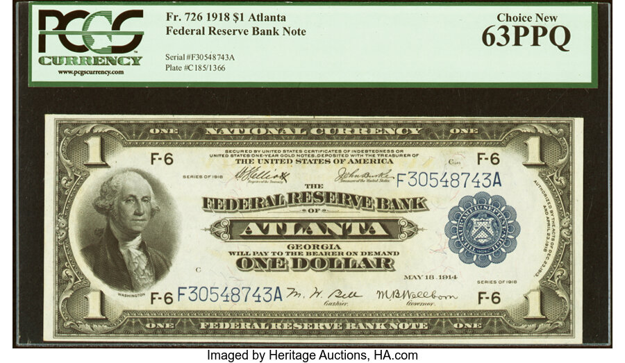image for: Fr. 726 $1 1918 Federal Reserve Bank Note PCGS Choice New 63PPQ....