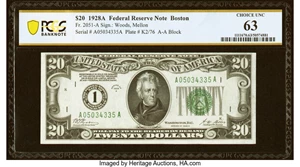 image for: Fr. 2051-A $20 1928A Federal Reserve Note. PCGS Banknote Choice Unc 63....