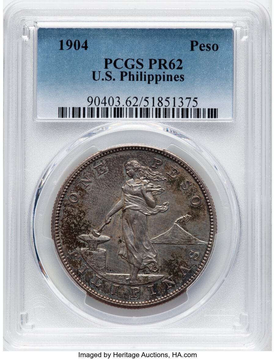 image for: 1904  Philippines Peso PR62 PCGS. PCGS Population: (26/79).  Mintage 1,355. ...