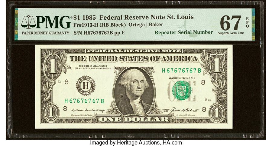 image for: Super Repeater Serial Number 67676767 Fr. 1913-H $1 1985 Federal Reserve Note. PMG Superb Gem Unc 67 EPQ....