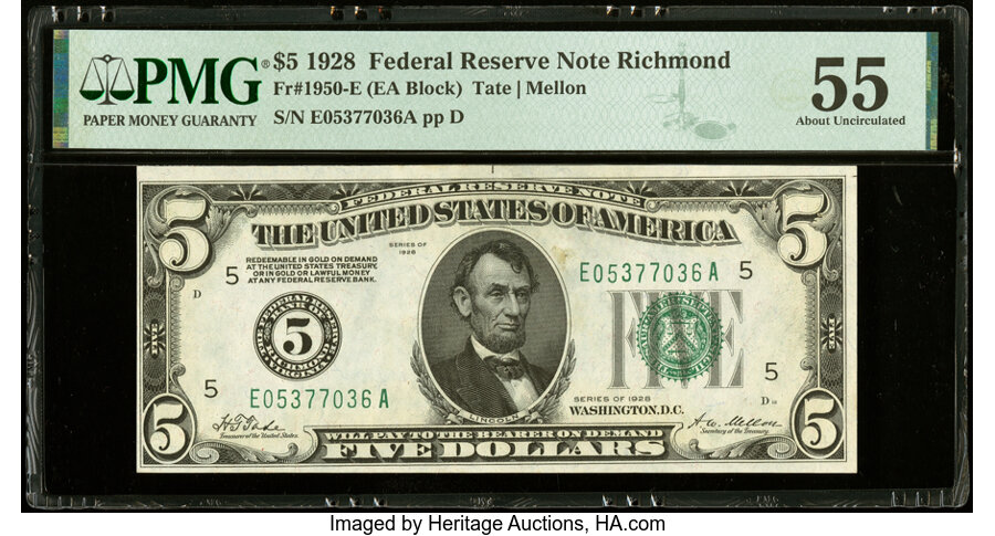 image for: Fr. 1950-E $5 1928 Federal Reserve Note. PMG About Uncirculated 55....
