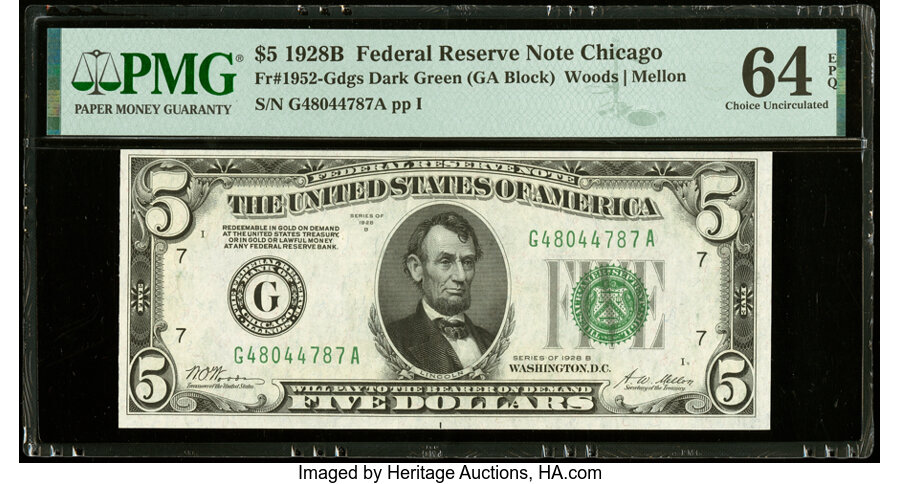 image for: Fr. 1952-G $5 1928B Federal Reserve Note. PMG Choice Uncirculated 64 EPQ....
