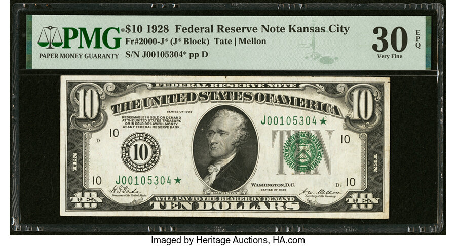 image for: Fr. 2000-J* $10 1928 Federal Reserve Star Note. PMG Very Fine 30 EPQ....