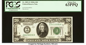 image for: Fr. 2051-E $20 1928A Federal Reserve Note. PCGS Choice New 63PPQ....