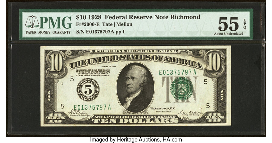 image for: Fr. 2000-E $10 1928 Federal Reserve Note. PMG About Uncirculated 55 EPQ....
