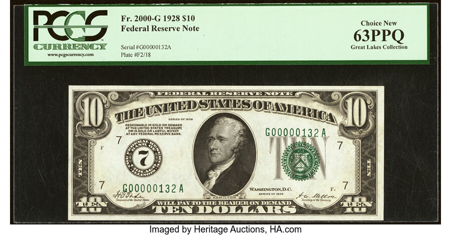 image for: Low Serial Number 132 Fr. 2000-G $10 1928 Federal Reserve Note. PCGS Choice New 63PPQ....