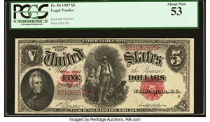 image for: Fr. 84 $5 1907 Legal Tender PCGS About New 53....